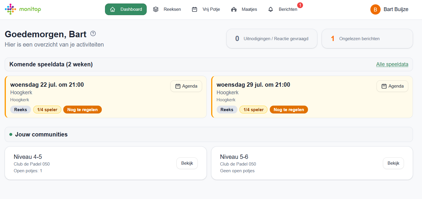 Monitop-dashboard op desktop met komende speeldata en communities