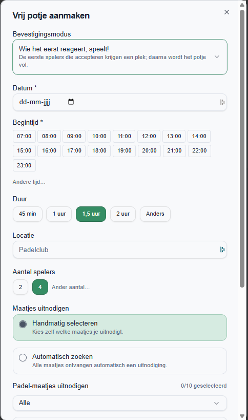 Scherm om datum, tijd en locatie van een padelpotje te kiezen