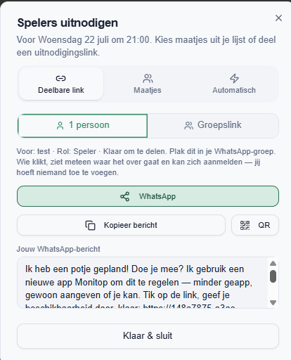 Monitop-uitnodiging delen via WhatsApp, kopieerlink of QR-code
