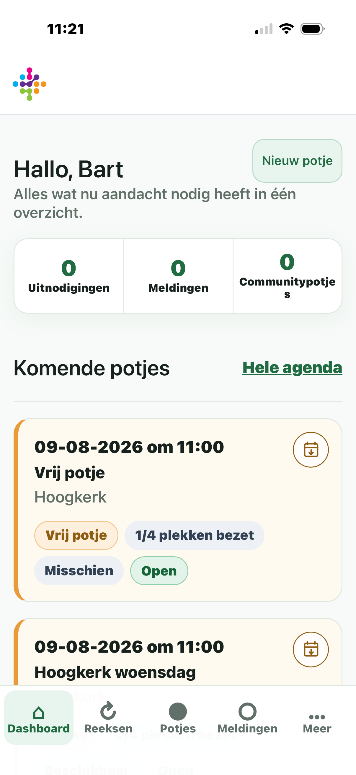 Mobiel Monitop-dashboard met komende padelpotjes